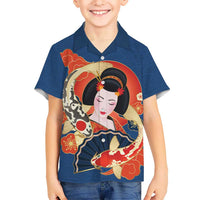 Japanese Geisha Koi Fish Family Matching Mermaid Dress and Hawaiian Shirt Cherry Blossoms Blue Seigaiha Pattern LT14 Son's Shirt Blue - Polynesian Pride