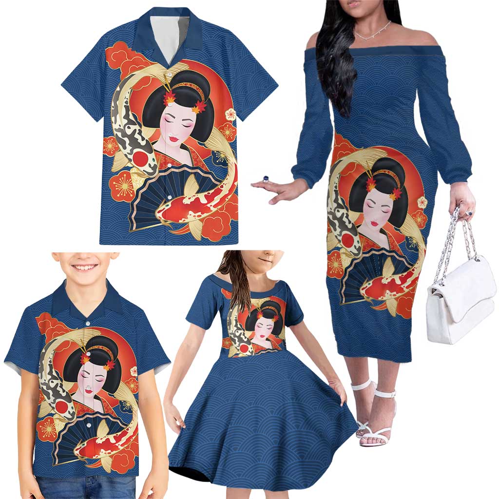 Japanese Geisha Koi Fish Family Matching Off The Shoulder Long Sleeve Dress and Hawaiian Shirt Cherry Blossoms Blue Seigaiha Pattern LT14 - Polynesian Pride