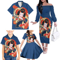 Japanese Geisha Koi Fish Family Matching Off The Shoulder Long Sleeve Dress and Hawaiian Shirt Cherry Blossoms Blue Seigaiha Pattern LT14 - Polynesian Pride