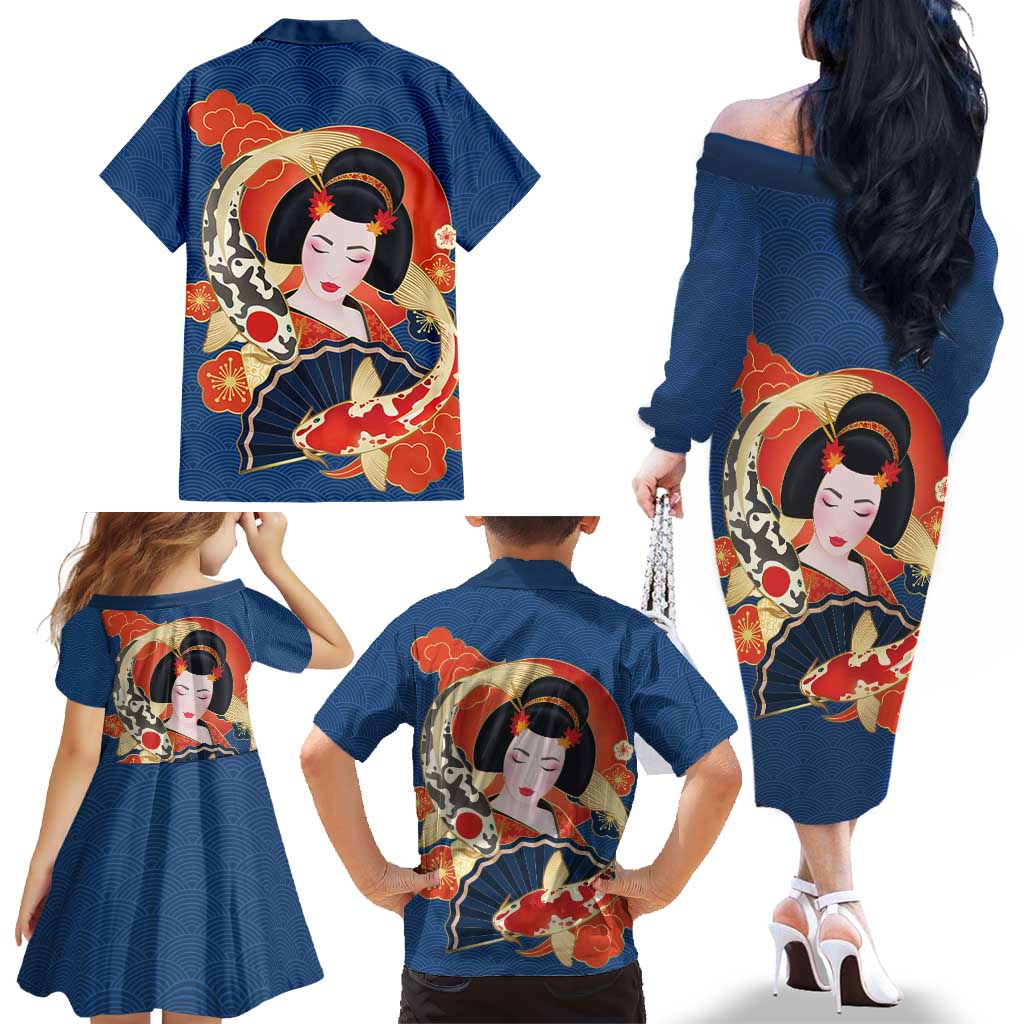 Japanese Geisha Koi Fish Family Matching Off The Shoulder Long Sleeve Dress and Hawaiian Shirt Cherry Blossoms Blue Seigaiha Pattern LT14 - Polynesian Pride