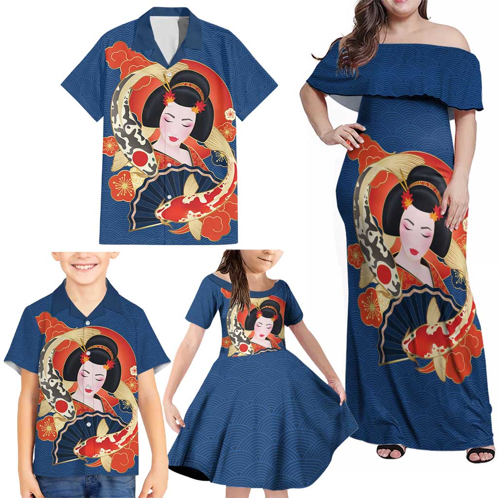 Japanese Geisha Koi Fish Family Matching Off Shoulder Maxi Dress and Hawaiian Shirt Cherry Blossoms Blue Seigaiha Pattern LT14 - Polynesian Pride