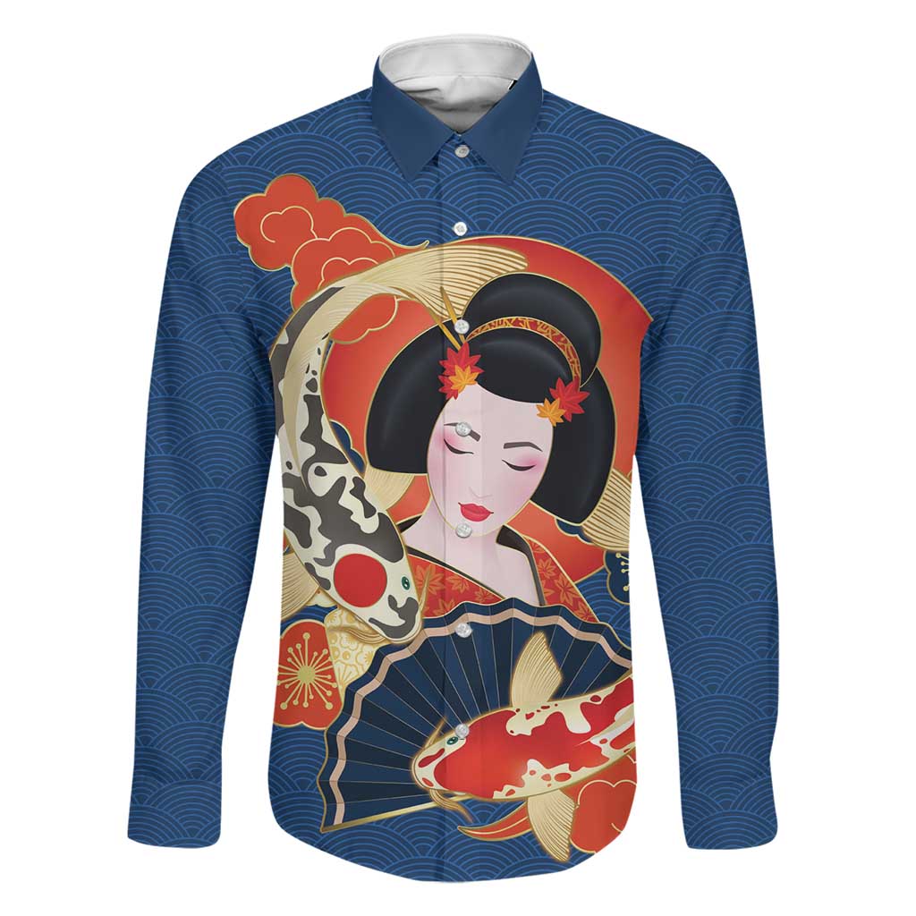 Japanese Geisha Koi Fish Family Matching Off Shoulder Maxi Dress and Hawaiian Shirt Cherry Blossoms Blue Seigaiha Pattern LT14 Dad's Shirt - Long Sleeve Blue - Polynesian Pride