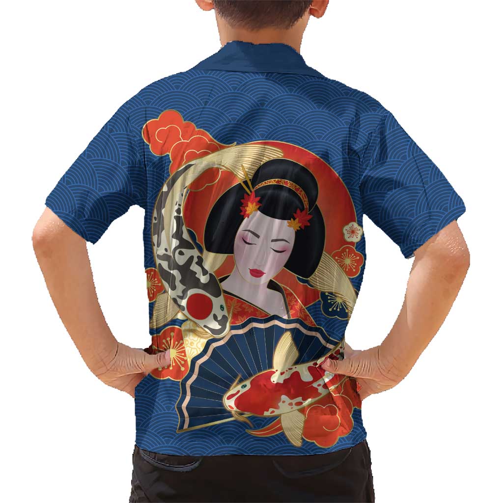 Japanese Geisha Koi Fish Family Matching Off Shoulder Short Dress and Hawaiian Shirt Cherry Blossoms Blue Seigaiha Pattern LT14 - Polynesian Pride