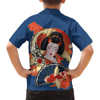 Japanese Geisha Koi Fish Family Matching Off Shoulder Short Dress and Hawaiian Shirt Cherry Blossoms Blue Seigaiha Pattern LT14 - Polynesian Pride
