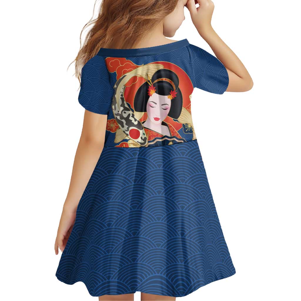 Japanese Geisha Koi Fish Family Matching Off Shoulder Short Dress and Hawaiian Shirt Cherry Blossoms Blue Seigaiha Pattern LT14 - Polynesian Pride