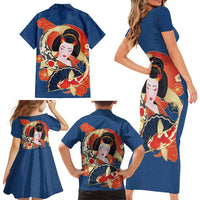 Japanese Geisha Koi Fish Family Matching Short Sleeve Bodycon Dress and Hawaiian Shirt Cherry Blossoms Blue Seigaiha Pattern LT14 - Polynesian Pride