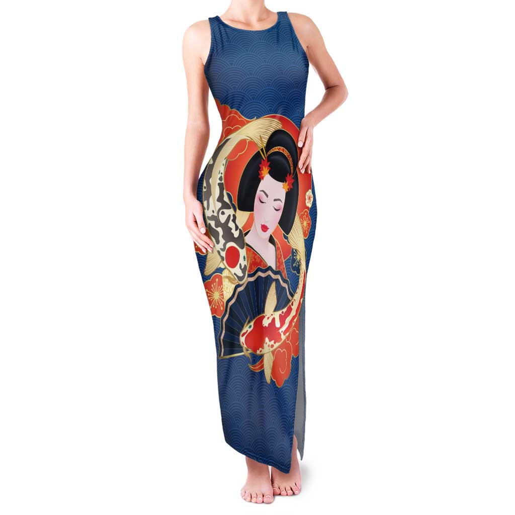 Japanese Geisha Koi Fish Family Matching Tank Maxi Dress and Hawaiian Shirt Cherry Blossoms Blue Seigaiha Pattern LT14 Mom's Dress Blue - Polynesian Pride