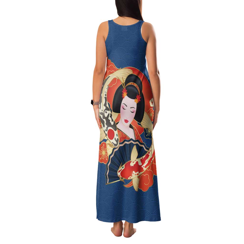 Japanese Geisha Koi Fish Family Matching Tank Maxi Dress and Hawaiian Shirt Cherry Blossoms Blue Seigaiha Pattern LT14 - Polynesian Pride