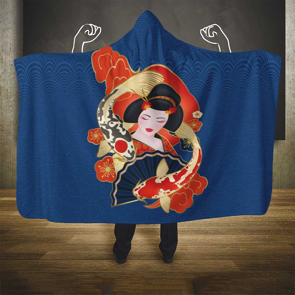 Japanese Geisha Koi Fish Hooded Blanket Cherry Blossoms Blue Seigaiha Pattern - Polynesian Pride