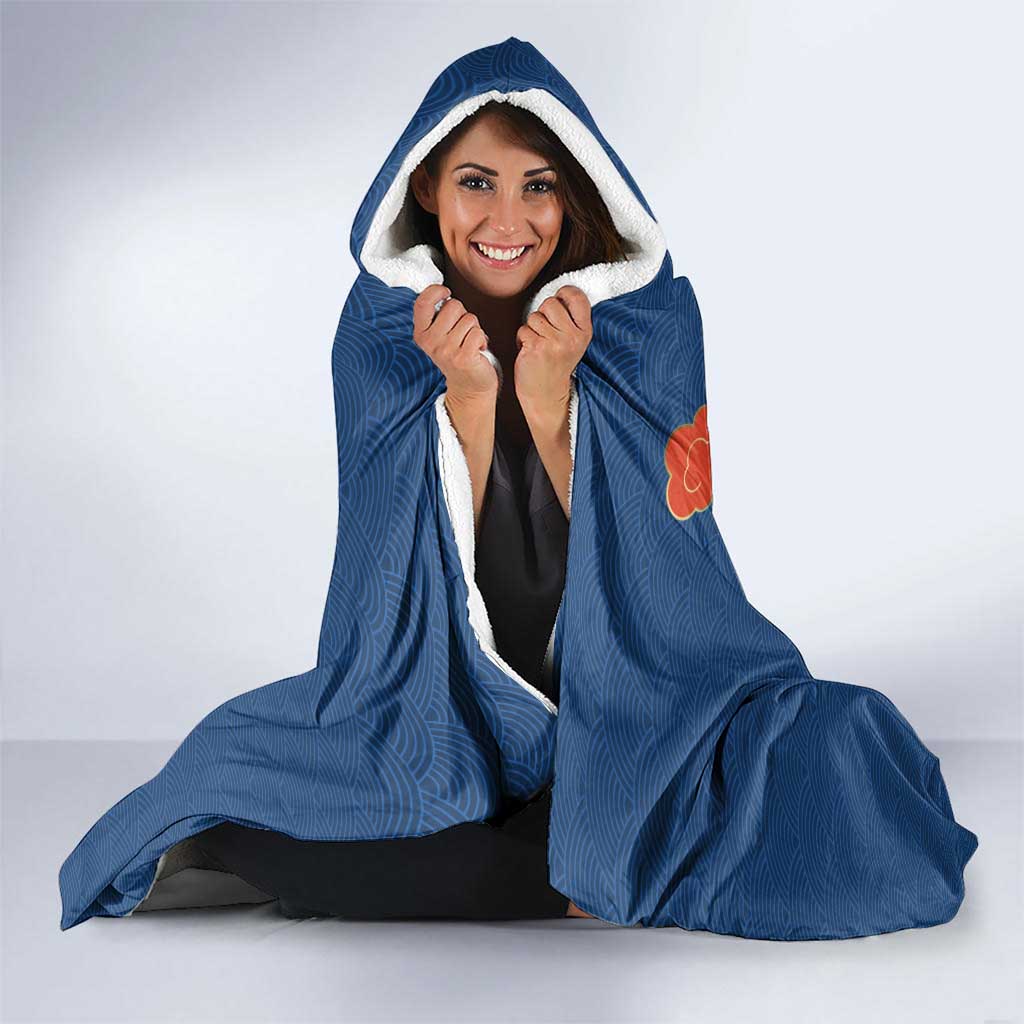 Japanese Geisha Koi Fish Hooded Blanket Cherry Blossoms Blue Seigaiha Pattern - Polynesian Pride