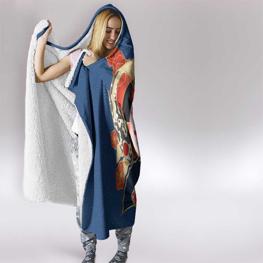 Japanese Geisha Koi Fish Hooded Blanket Cherry Blossoms Blue Seigaiha Pattern - Polynesian Pride