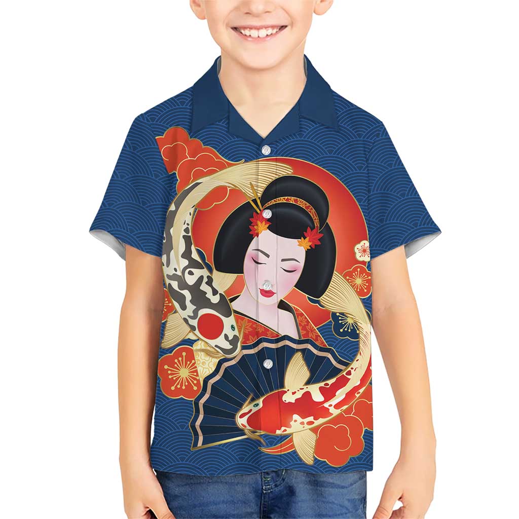Japanese Geisha Koi Fish Kid Hawaiian Shirt Cherry Blossoms Blue Seigaiha Pattern - Polynesian Pride