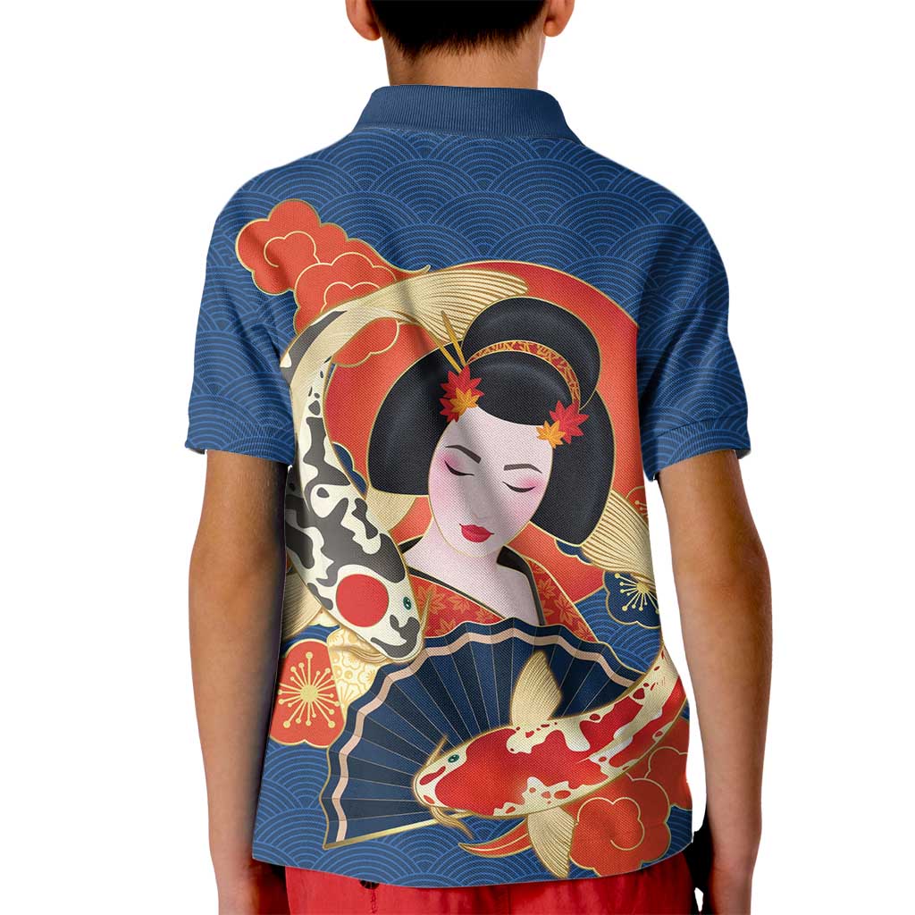 Japanese Geisha Koi Fish Kid Polo Shirt Cherry Blossoms Blue Seigaiha Pattern - Polynesian Pride