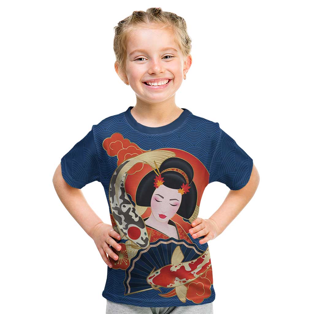 Japanese Geisha Koi Fish Kid T Shirt Cherry Blossoms Blue Seigaiha Pattern - Polynesian Pride