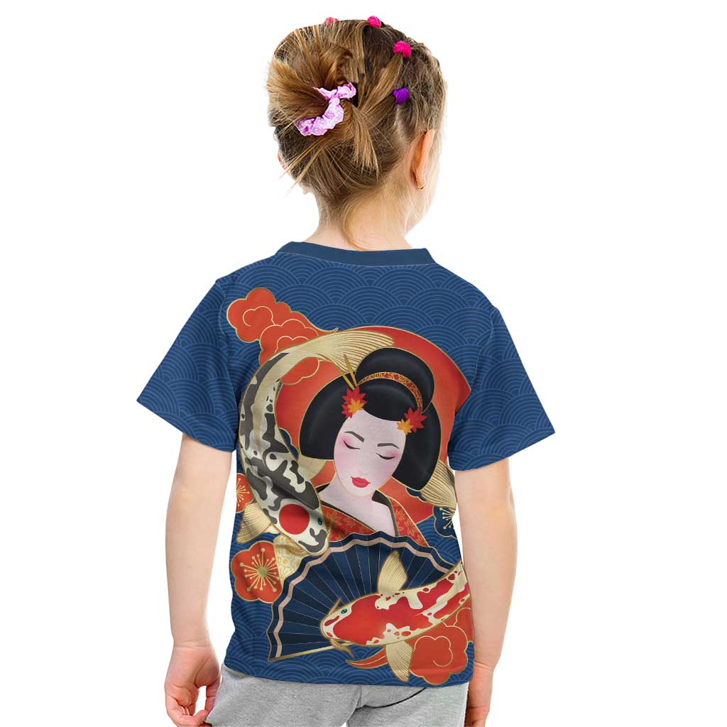 Japanese Geisha Koi Fish Kid T Shirt Cherry Blossoms Blue Seigaiha Pattern - Polynesian Pride
