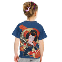 Japanese Geisha Koi Fish Kid T Shirt Cherry Blossoms Blue Seigaiha Pattern - Polynesian Pride