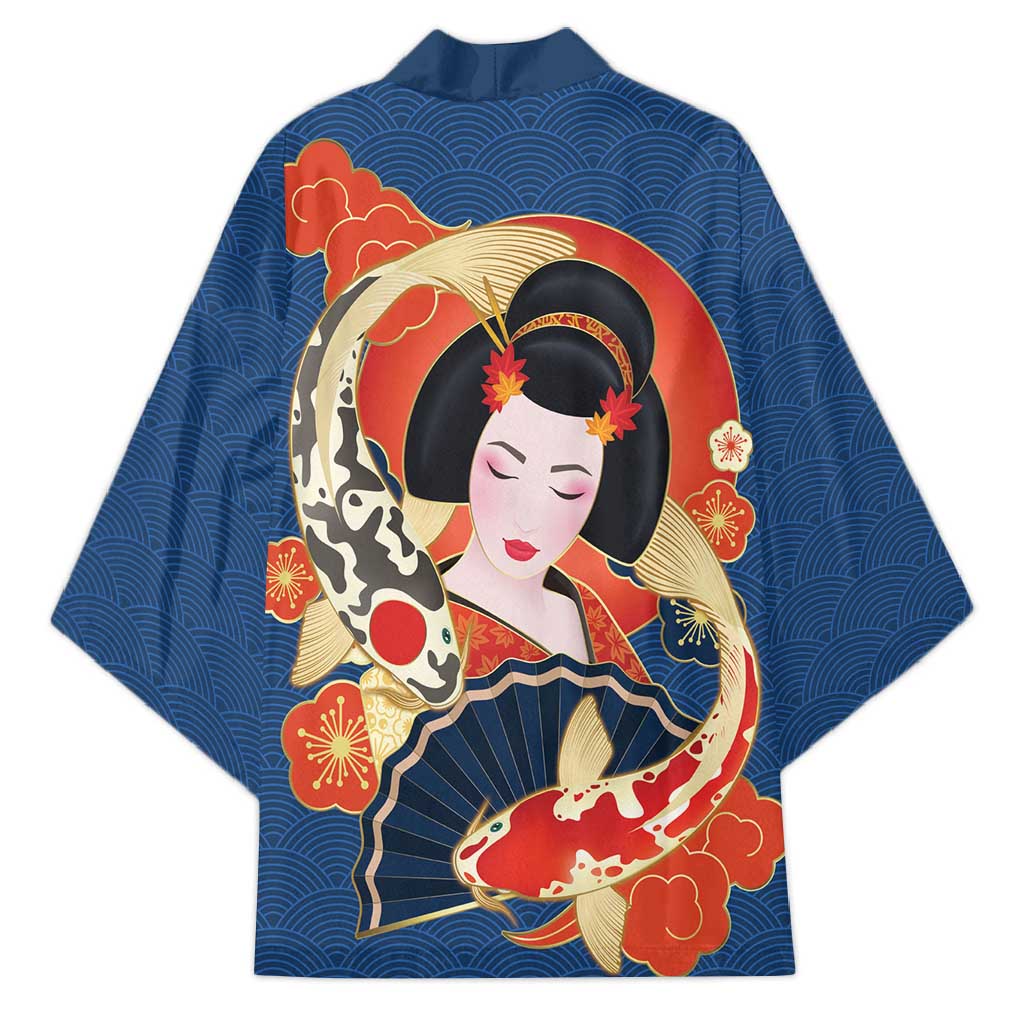 Japanese Geisha Koi Fish Kimono Cherry Blossoms Blue Seigaiha Pattern - Polynesian Pride