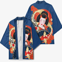 Japanese Geisha Koi Fish Kimono Cherry Blossoms Blue Seigaiha Pattern - Polynesian Pride