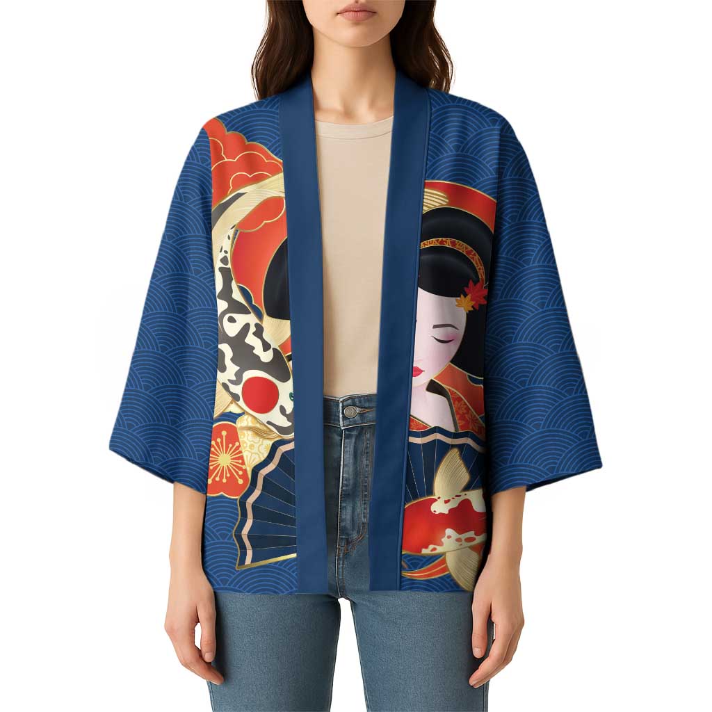Japanese Geisha Koi Fish Kimono Cherry Blossoms Blue Seigaiha Pattern - Polynesian Pride