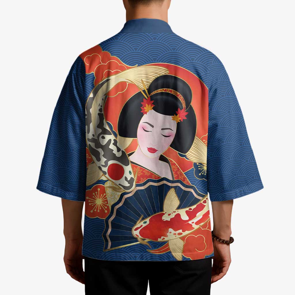 Japanese Geisha Koi Fish Kimono Cherry Blossoms Blue Seigaiha Pattern - Polynesian Pride