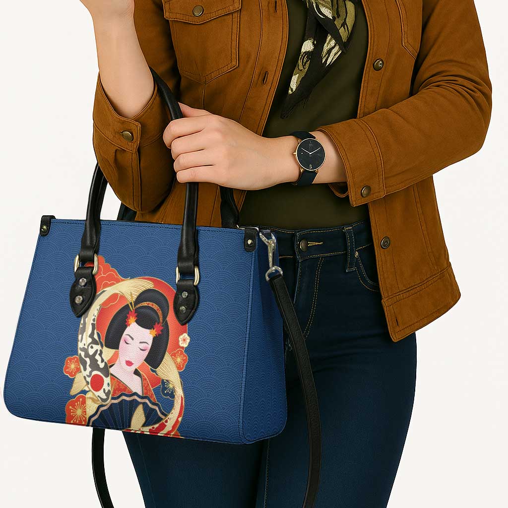 Japanese Geisha Koi Fish Leather Bag Cherry Blossoms Blue Seigaiha Pattern - Polynesian Pride