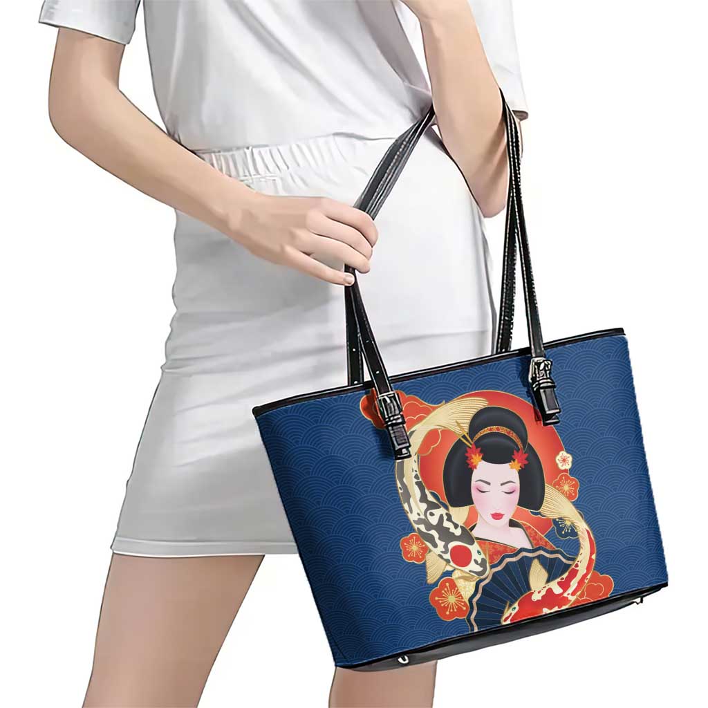 Japanese Geisha Koi Fish Leather Tote Bag Cherry Blossoms Blue Seigaiha Pattern - Polynesian Pride