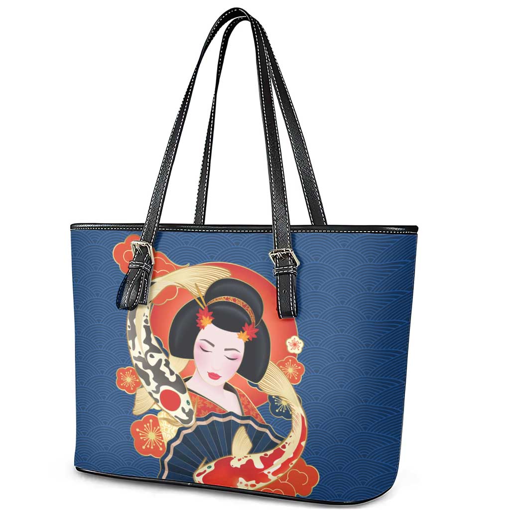 Japanese Geisha Koi Fish Leather Tote Bag Cherry Blossoms Blue Seigaiha Pattern - Polynesian Pride