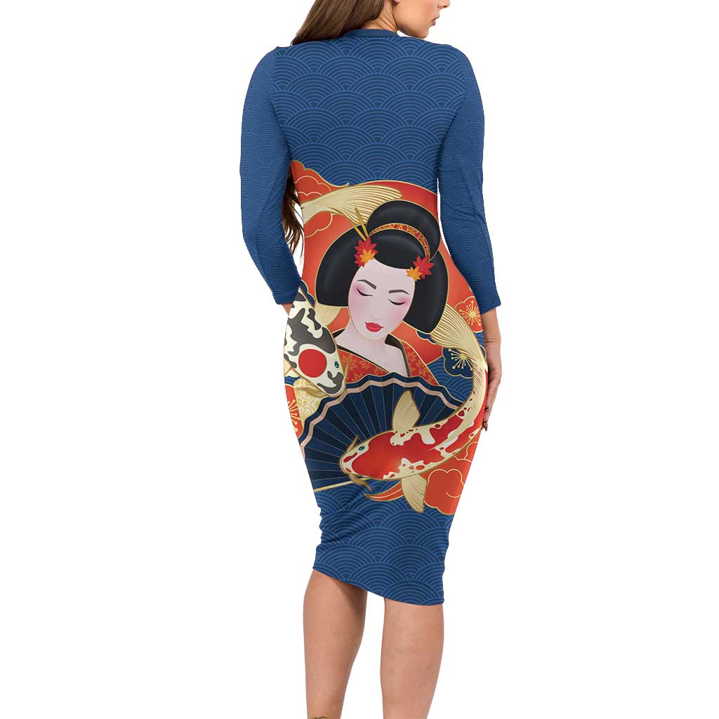 Japanese Geisha Koi Fish Long Sleeve Bodycon Dress Cherry Blossoms Blue Seigaiha Pattern - Polynesian Pride
