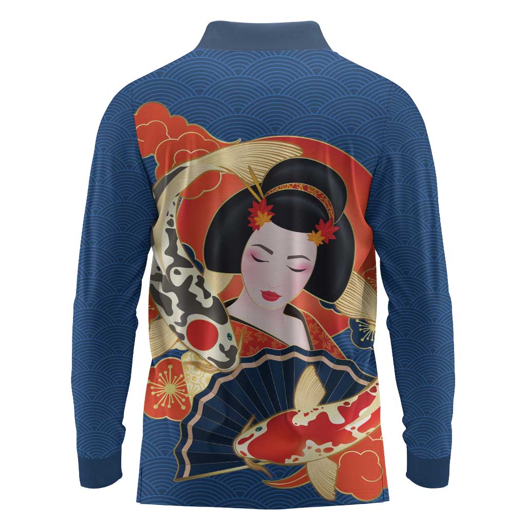 Japanese Geisha Koi Fish Long Sleeve Polo Shirt Cherry Blossoms Blue Seigaiha Pattern - Polynesian Pride