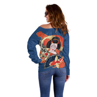 Japanese Geisha Koi Fish Off Shoulder Sweater Cherry Blossoms Blue Seigaiha Pattern - Polynesian Pride