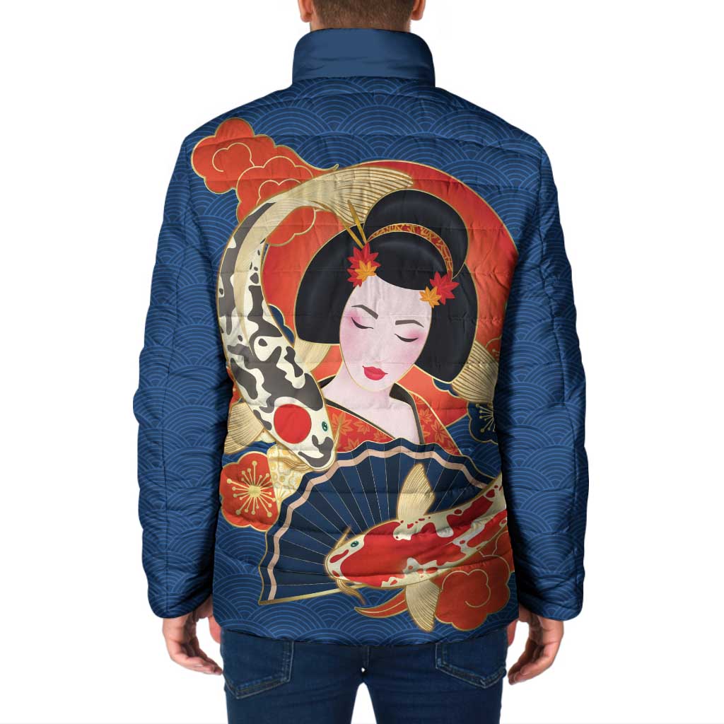 Japanese Geisha Koi Fish Padded Jacket Cherry Blossoms Blue Seigaiha Pattern - Polynesian Pride