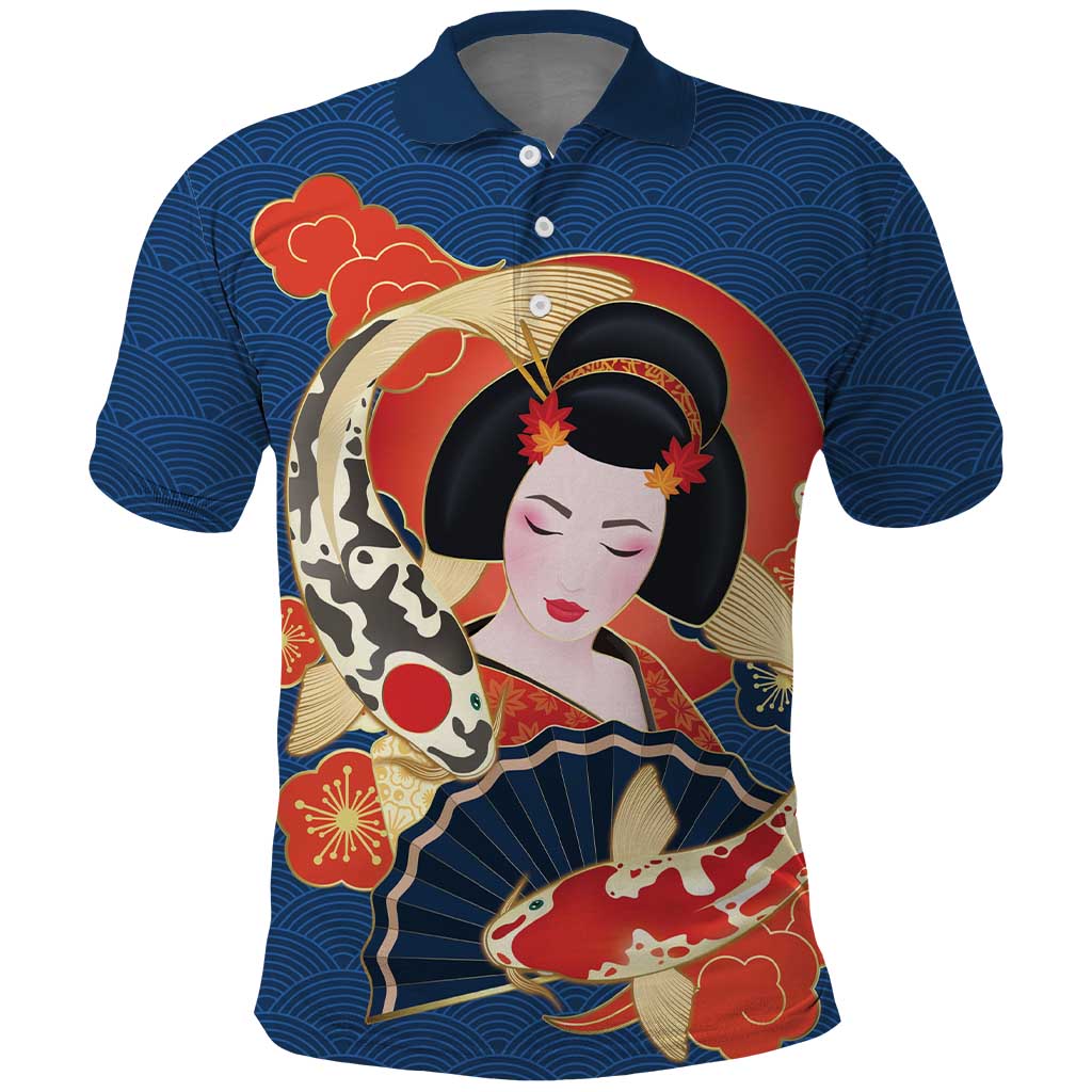 Japanese Geisha Koi Fish Polo Shirt Cherry Blossoms Blue Seigaiha Pattern - Polynesian Pride