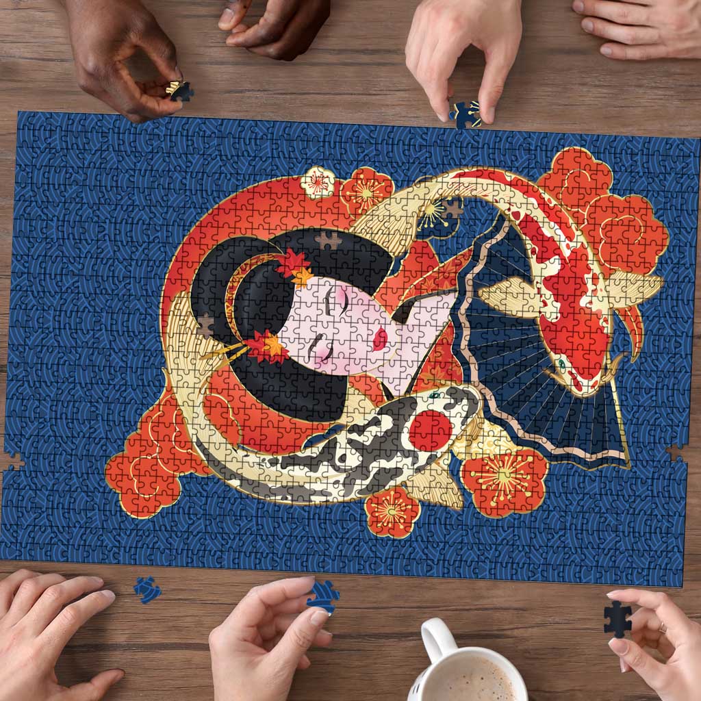 Japanese Geisha Koi Fish Puzzle Cherry Blossoms Blue Seigaiha Pattern - Polynesian Pride