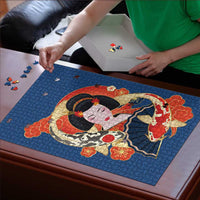 Japanese Geisha Koi Fish Puzzle Cherry Blossoms Blue Seigaiha Pattern - Polynesian Pride