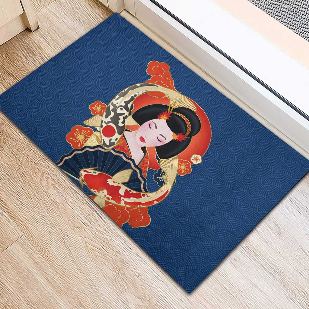 Japanese Geisha Koi Fish Rubber Doormat Cherry Blossoms Blue Seigaiha Pattern - Polynesian Pride