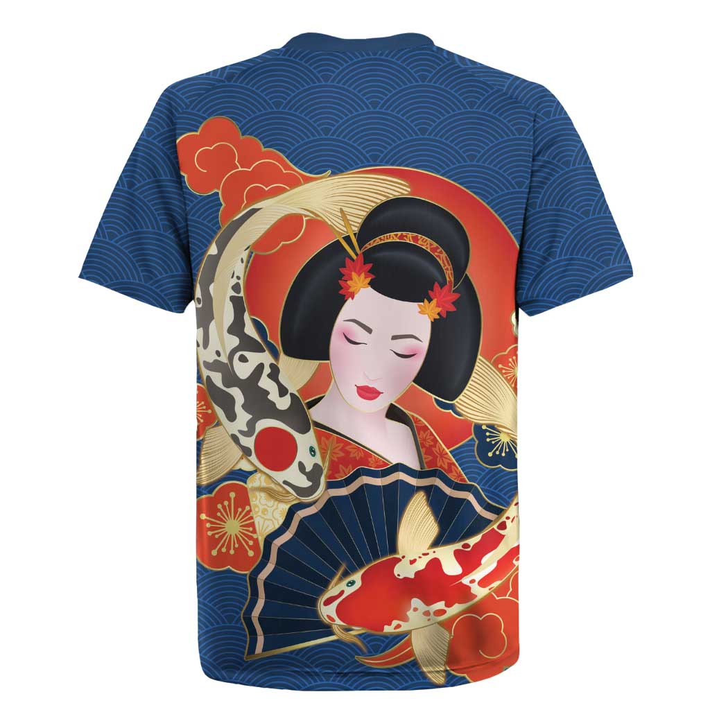 Japanese Geisha Koi Fish Rugby Jersey Cherry Blossoms Blue Seigaiha Pattern - Polynesian Pride