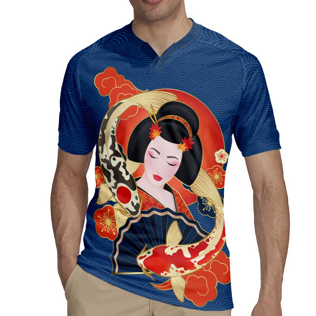 Japanese Geisha Koi Fish Rugby Jersey Cherry Blossoms Blue Seigaiha Pattern - Polynesian Pride