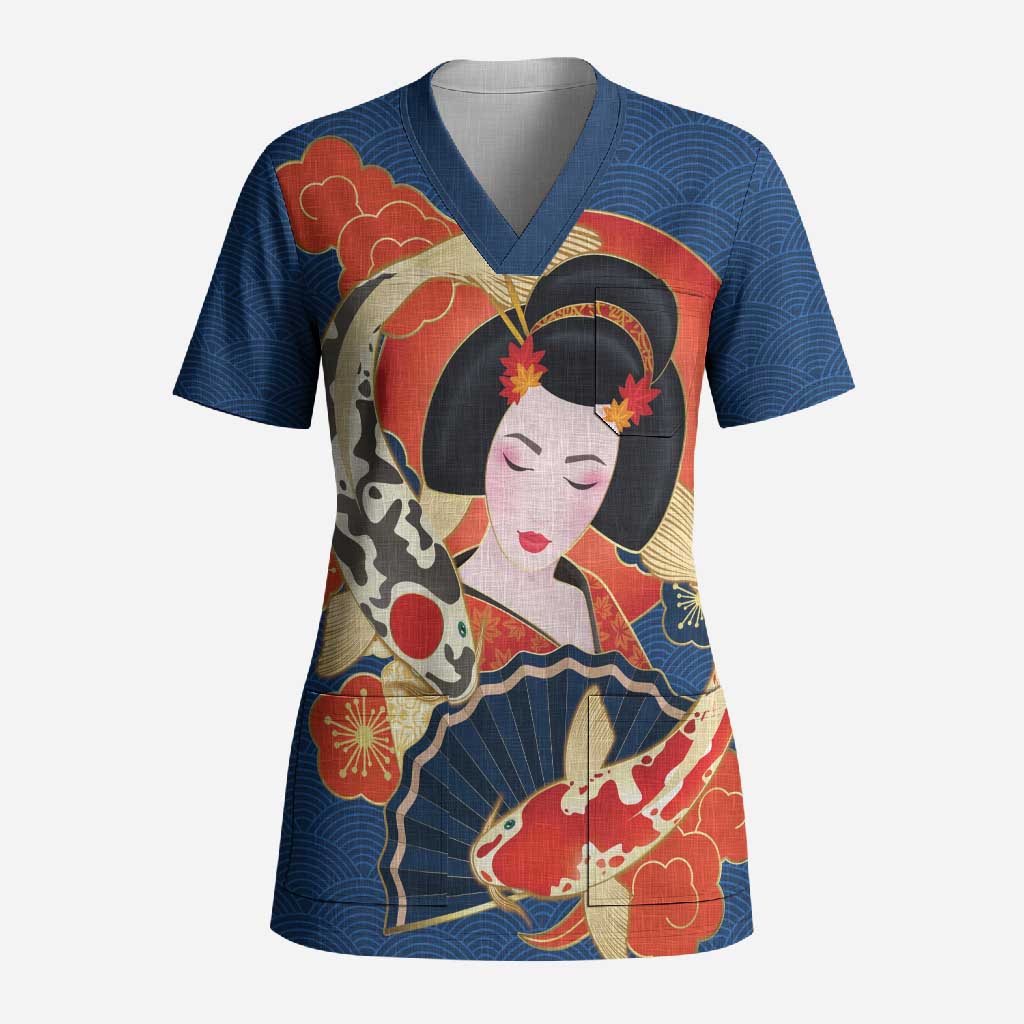 Japanese Geisha Koi Fish Scrub Top Cherry Blossoms Blue Seigaiha Pattern - Polynesian Pride
