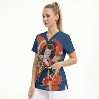Japanese Geisha Koi Fish Scrub Top Cherry Blossoms Blue Seigaiha Pattern - Polynesian Pride