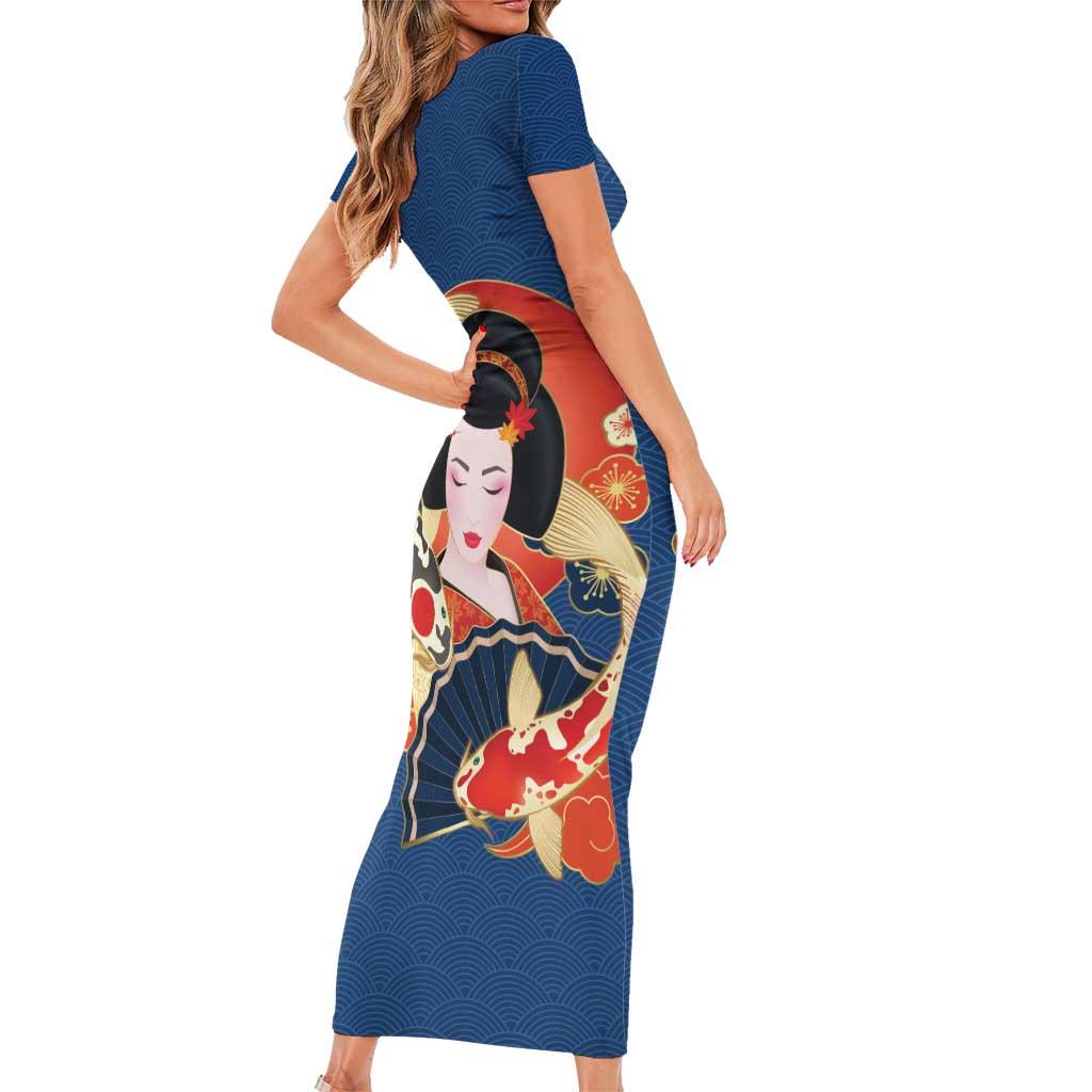 Japanese Geisha Koi Fish Short Sleeve Bodycon Dress Cherry Blossoms Blue Seigaiha Pattern - Polynesian Pride