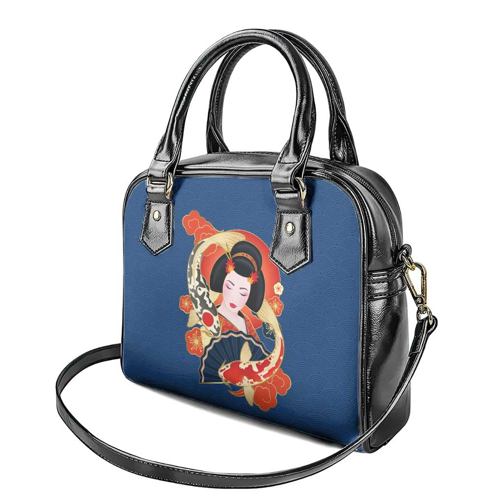 Japanese Geisha Koi Fish Shoulder Handbag Cherry Blossoms Blue Seigaiha Pattern - Polynesian Pride