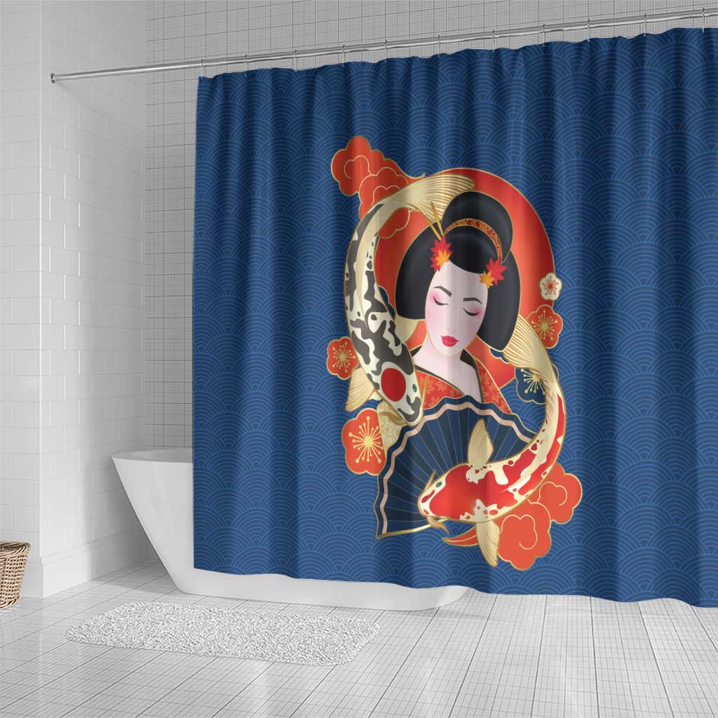 Japanese Geisha Koi Fish Shower Curtain Cherry Blossoms Blue Seigaiha Pattern - Polynesian Pride