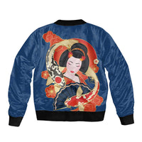 Japanese Geisha Koi Fish Sleeve Zip Bomber Jacket Cherry Blossoms Blue Seigaiha Pattern - Polynesian Pride