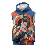 Japanese Geisha Koi Fish Sleeveless Hoodie Cherry Blossoms Blue Seigaiha Pattern - Polynesian Pride