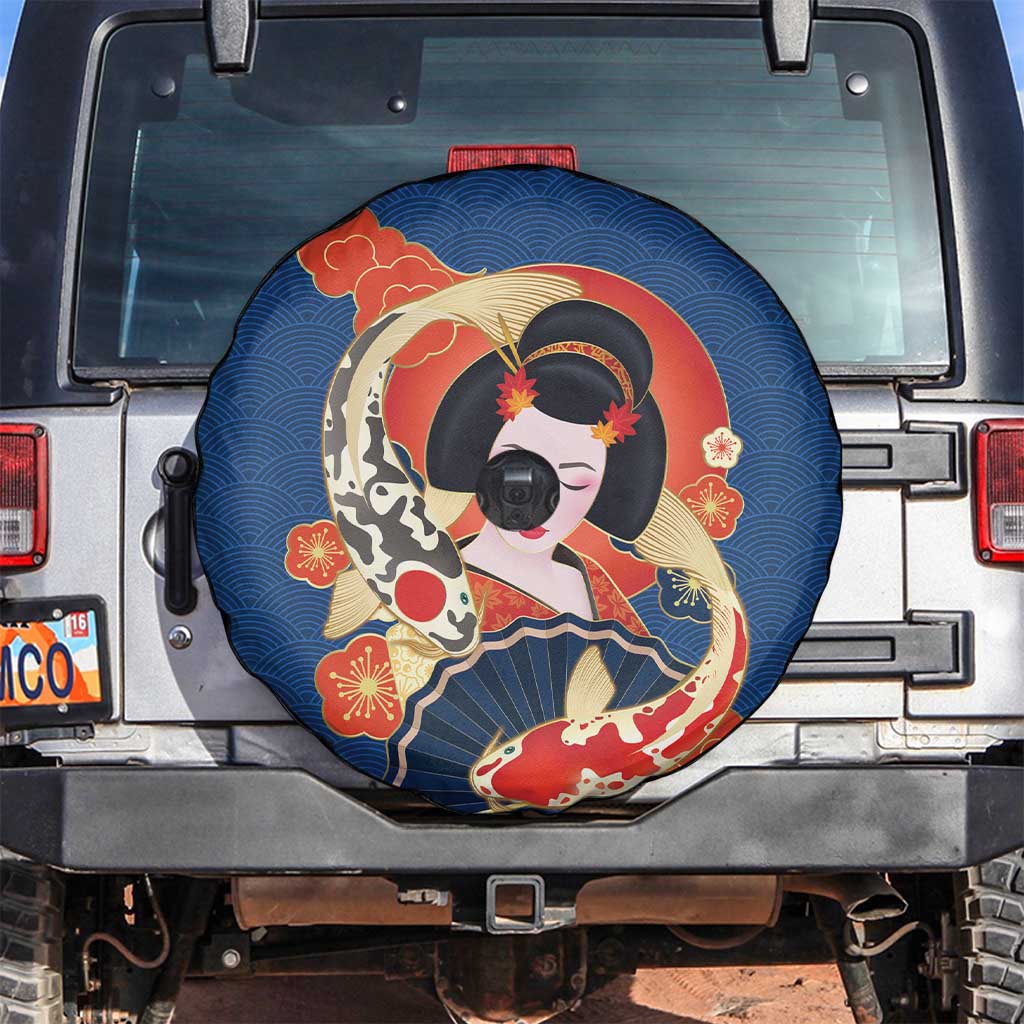 Japanese Geisha Koi Fish Spare Tire Cover Cherry Blossoms Blue Seigaiha Pattern - Polynesian Pride