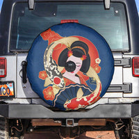 Japanese Geisha Koi Fish Spare Tire Cover Cherry Blossoms Blue Seigaiha Pattern - Polynesian Pride