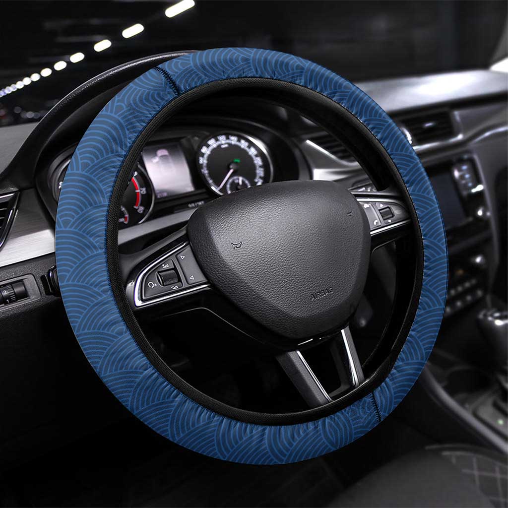 Japanese Geisha Koi Fish Steering Wheel Cover Cherry Blossoms Blue Seigaiha Pattern - Polynesian Pride