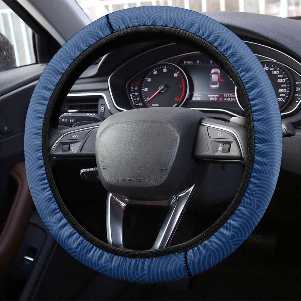 Japanese Geisha Koi Fish Steering Wheel Cover Cherry Blossoms Blue Seigaiha Pattern - Polynesian Pride