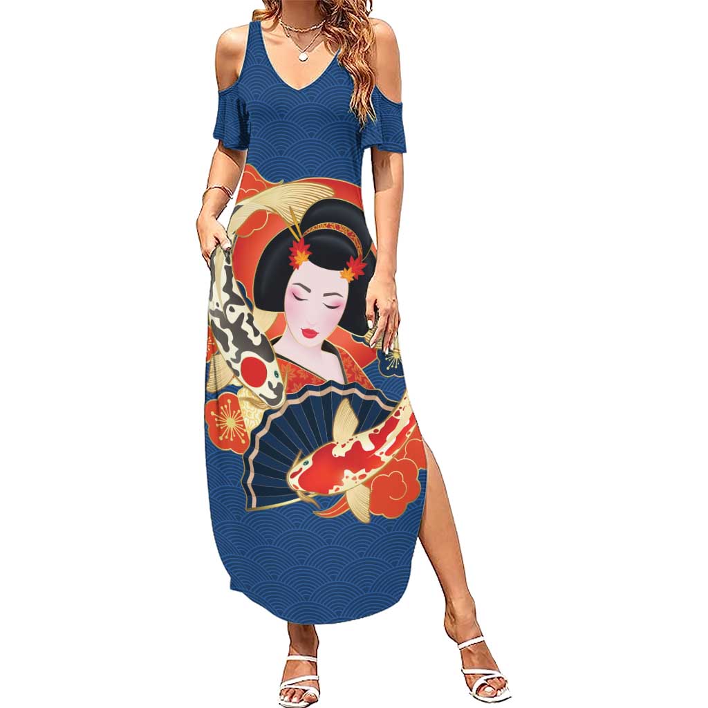 Japanese Geisha Koi Fish Summer Maxi Dress Cherry Blossoms Blue Seigaiha Pattern - Polynesian Pride
