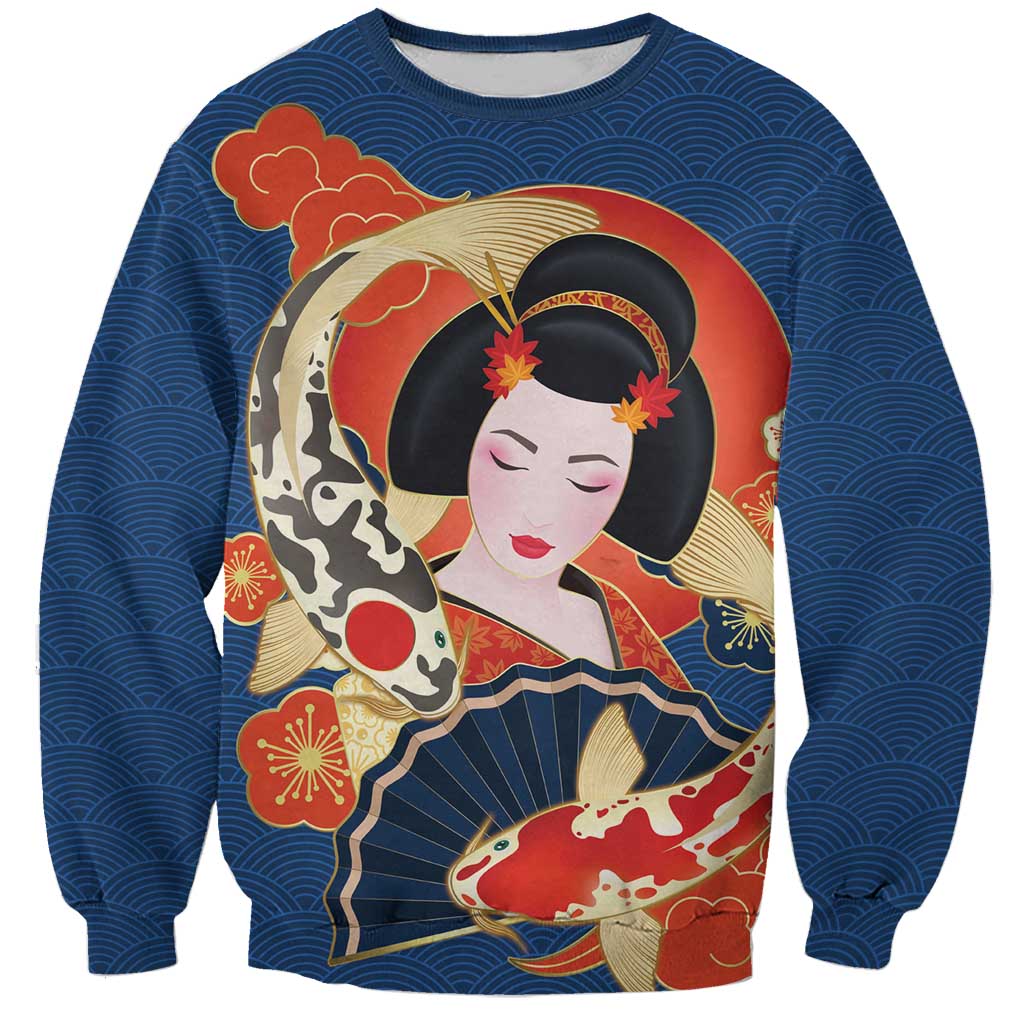 Japanese Geisha Koi Fish Sweatshirt Cherry Blossoms Blue Seigaiha Pattern - Polynesian Pride